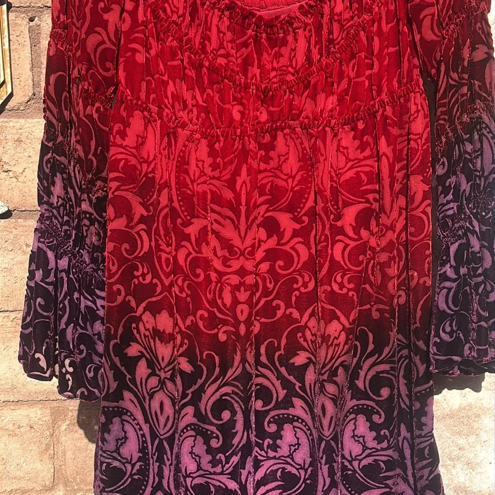 Muse Boston Proper Dress Velvet Silk Peasant Ombré Red Long Sleeve Sz 8 Boho - Picture 4 of 10